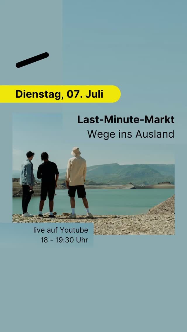 Spät dran? 
Dann komm am 07. Juli von 18 bis 19:30 Uhr zu unserem digitalen Last-Minute-Markt! 
Gemeinsam mit unseren Partner-Organisationen zeigen wir dir Möglichkeiten, die eine spannende Alternative für deine Sommerferien oder die Zeit nach dem Schulabschluss sein können.
Die Veranstaltung ist digital und kostenlos und findet live auf Youtube statt.
💻 🔜 🌎 
Weitere Infos findet ihr hier: jugendagentur.net/event
[Bildbeschreibung: Drei junge Menschen schauen auf einen See. Im Hintergrund sind Berge zu sehen.]
Fotonachweis: @ Cottonbro, pexels.com -cc0
#wegeinsausland #ausland #jugastu #jugendagentur #stuttgart deineuropa gapyear freiwilligendienst volunteer esk weltwärts ijfd lastminute workcamp kulturweit