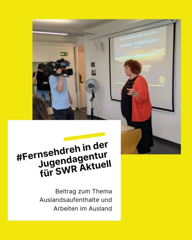 🎥 SWR zu Besuch in der Jugendagentur!
Ein Filmteam des SWR war bei uns, um über Auslandsaufenthalte und Arbeiten im Ausland zu berichten. Der Beitrag läuft bei SWR Aktuell Baden-Württemberg vom 18.07.2026 um 19:30 Uhr,  ab Minute 8:35 seid ihr live dabei!
➡️ Jetzt reinklicken und den Beitrag in der ARD Mediathek anschauen
🔗 ardmediathek.de/video/Y3JpZDovL3N3ci5kZS9hZXgvbzIzMzczNzc#t=8m35s
#Auslandsaufenthalt #SWR #Jugendagentur #ArbeitenImAusland